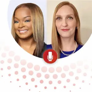 Two women with diverse hairstyles and outfits are featured in a split-screen format, emphasizing their voices for a podcast or discussion.