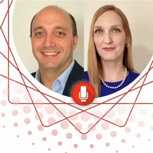 Two professionals pose for a split-screen portrait. One man in a suit smiles on the left, while a woman in a blue top with pearls looks confidently on the right. A microphone icon at the center suggests a podcast or interview context.