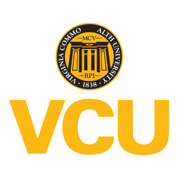 VCU logo featuring a circular emblem with founding details above the bold letters "VCU" in gold. Represents Virginia Commonwealth University.